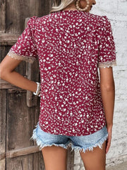 Full Size Printed V-Neck Short Sleeve Blouse - Trendsi