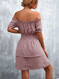 Ruffled Swiss Dot Off-Shoulder Dress - Trendsi