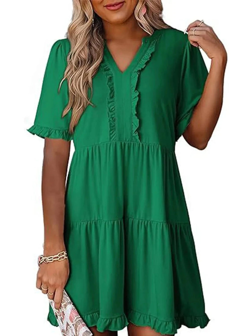 Tiered Notched Short Sleeve Mini Dress - Trendsi