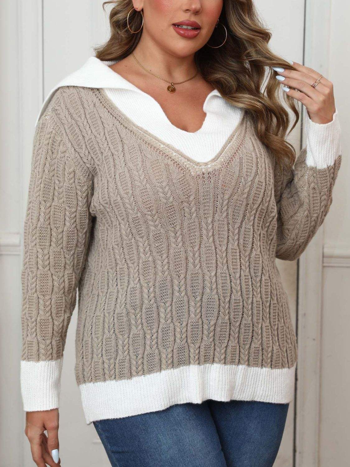 Plus Size Contrast Trim Collared Neck Sweater - Trendsi - Flyclothing LLC