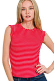 Zenana Ribbed Ruffle Trim Sleeveless Stripe Top - Trendsi