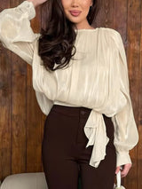 Metallic Sheen Blouse with Tie Detail - Trendsi - Flyclothing LLC