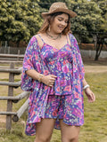 Plus Size Printed Cami, Open Front Cover Up and Shorts Set - Trendsi - Flyclothing LLC