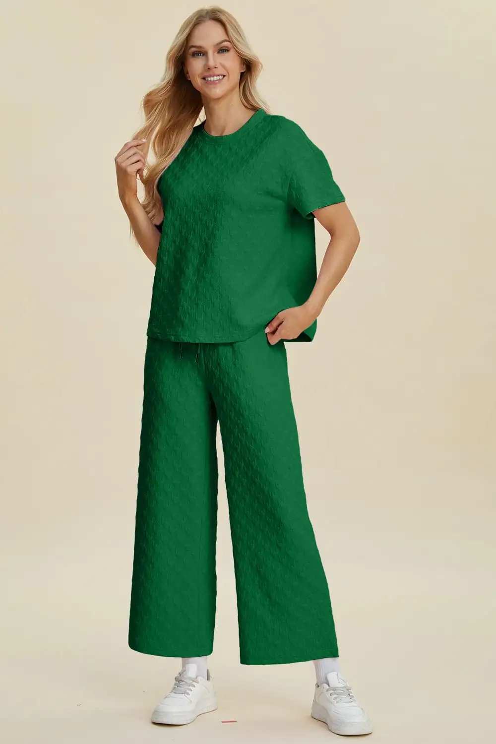 Double Take Full Size Texture Round Neck Short Sleeve Top and Pants Set - Trendsi - Flyclothing LLC