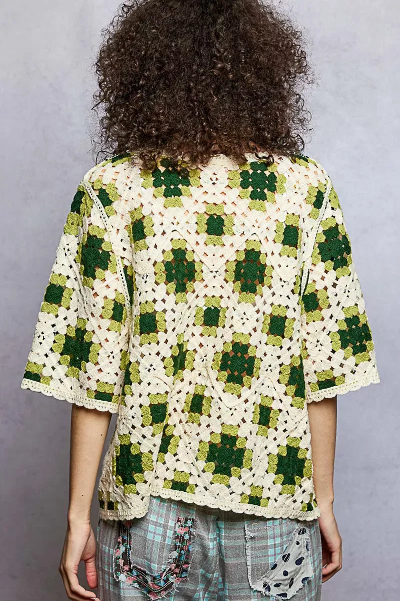 POL Round Neck Short Sleeve Color Pattern Crochet Top with Border Accents - Trendsi - Flyclothing LLC