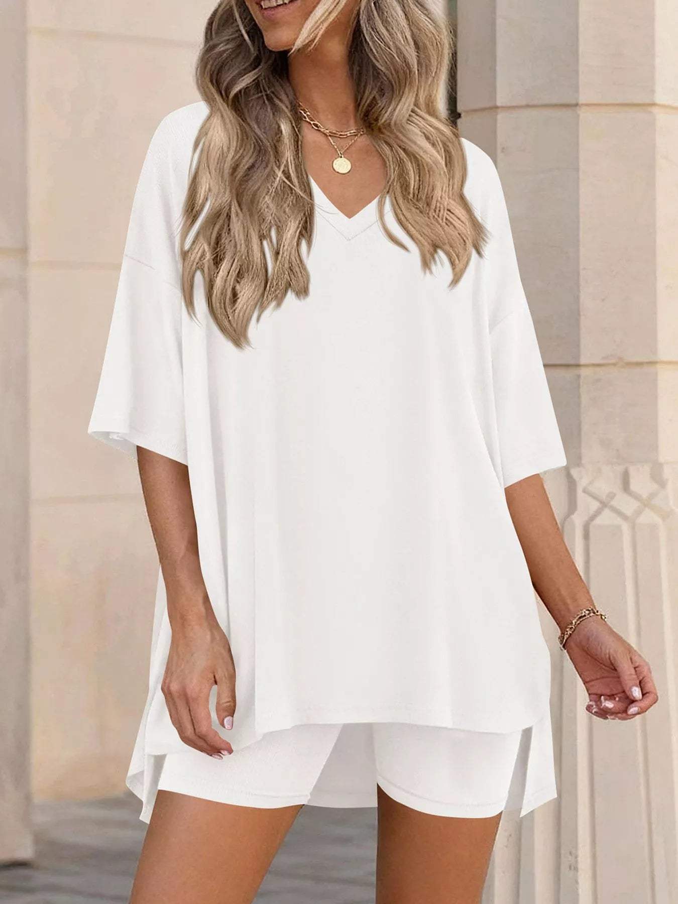 Full Size Casual Loose V-Neck T-Shirt & Shorts Set Plus Size - Trendsi - Flyclothing LLC