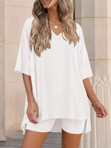 Full Size Casual Loose V-Neck T-Shirt & Shorts Set Plus Size - Trendsi - Flyclothing LLC