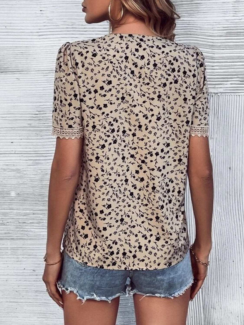 Full Size Printed V-Neck Short Sleeve Blouse - Trendsi - Flyclothing LLC