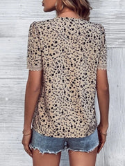 Full Size Printed V-Neck Short Sleeve Blouse - Trendsi