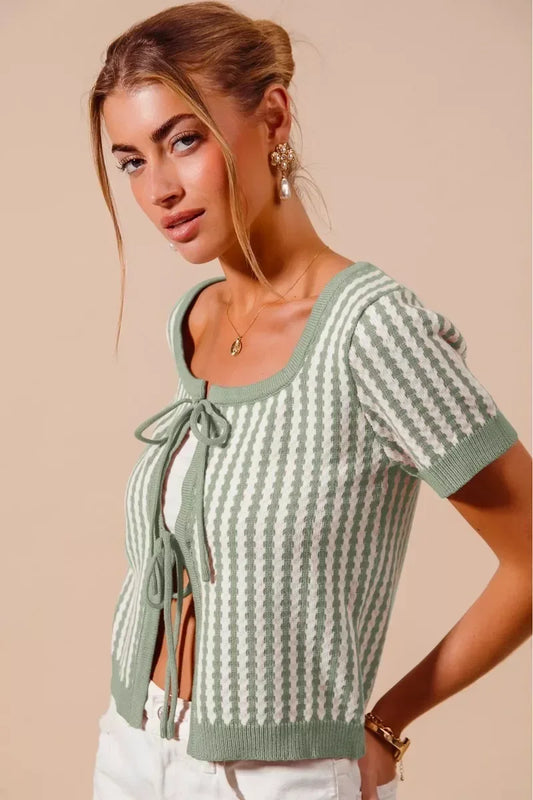 SO ME Tie Front Textured Vertical Stripe Knit Cardigan - Trendsi - Flyclothing LLC