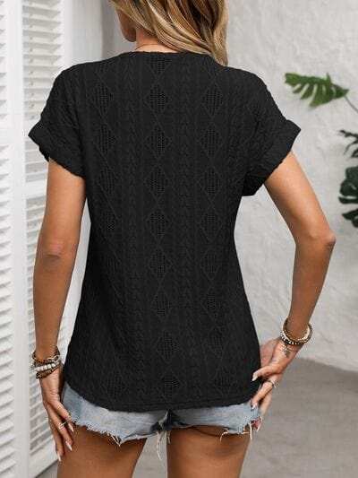 Openwork V-Neck Short Sleeve T-Shirt - Trendsi - Flyclothing LLC