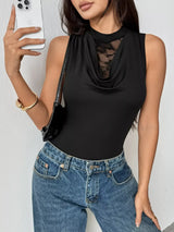 Lace Panel Cowl Neck Sleeveless Bodysuit - Trendsi - Flyclothing LLC