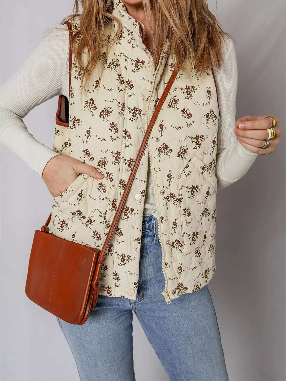 Floral Print Zip Up Quilted Vest - Trendsi - Flyclothing LLC