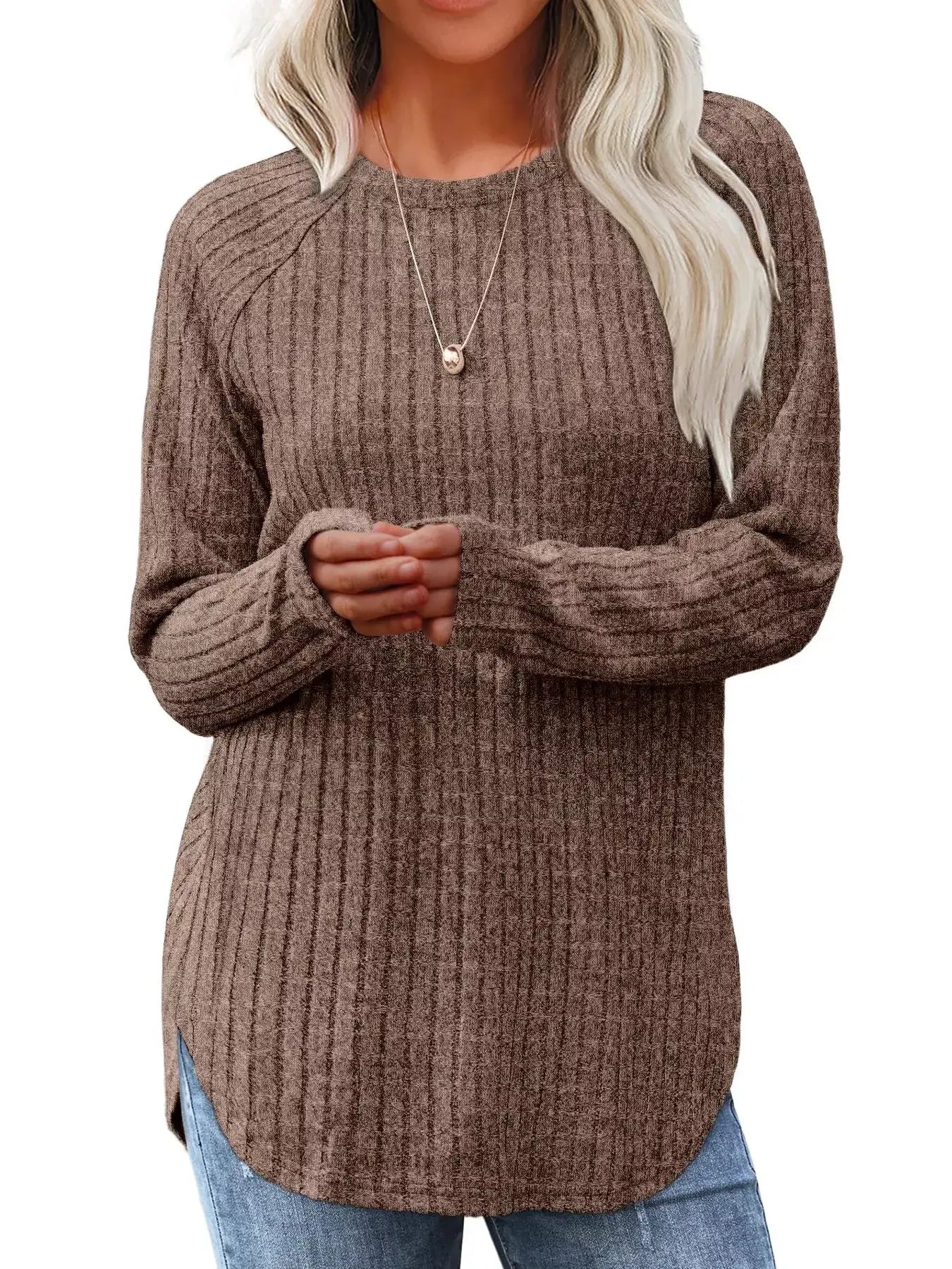 Ribbed Knit Long Sleeve T-Shirt - Trendsi - Flyclothing LLC