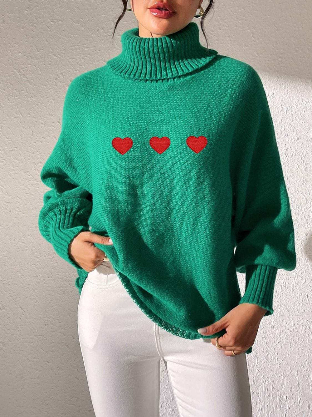 Heart Turtleneck Long Sleeve Sweater - Trendsi - Flyclothing LLC