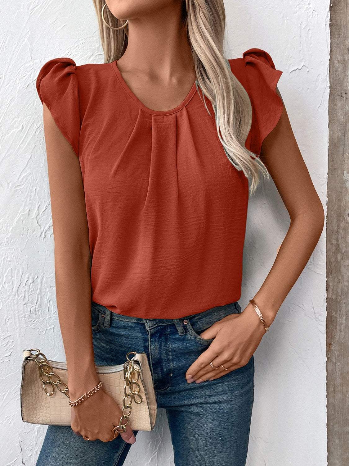 Ruched Round Neck Cap Sleeve Blouse - Trendsi - Flyclothing LLC