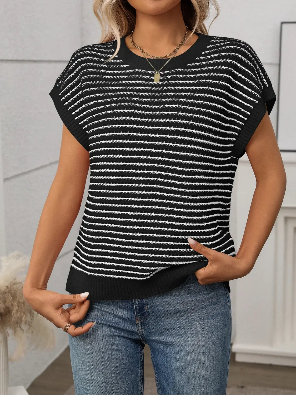 Striped Round Neck Short Sleeve Knit Top - Trendsi - Flyclothing LLC