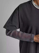 Faux Layered Round Neck Mesh Sleeve Top - Trendsi - Flyclothing LLC