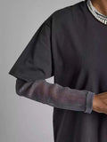 Faux Layered Round Neck Mesh Sleeve Top - Trendsi - Flyclothing LLC