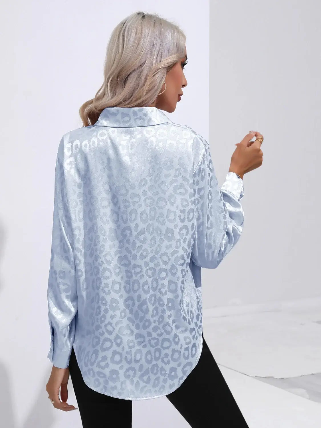 Leopard Collared Neck Long Sleeve Shirt - Trendsi - Flyclothing LLC