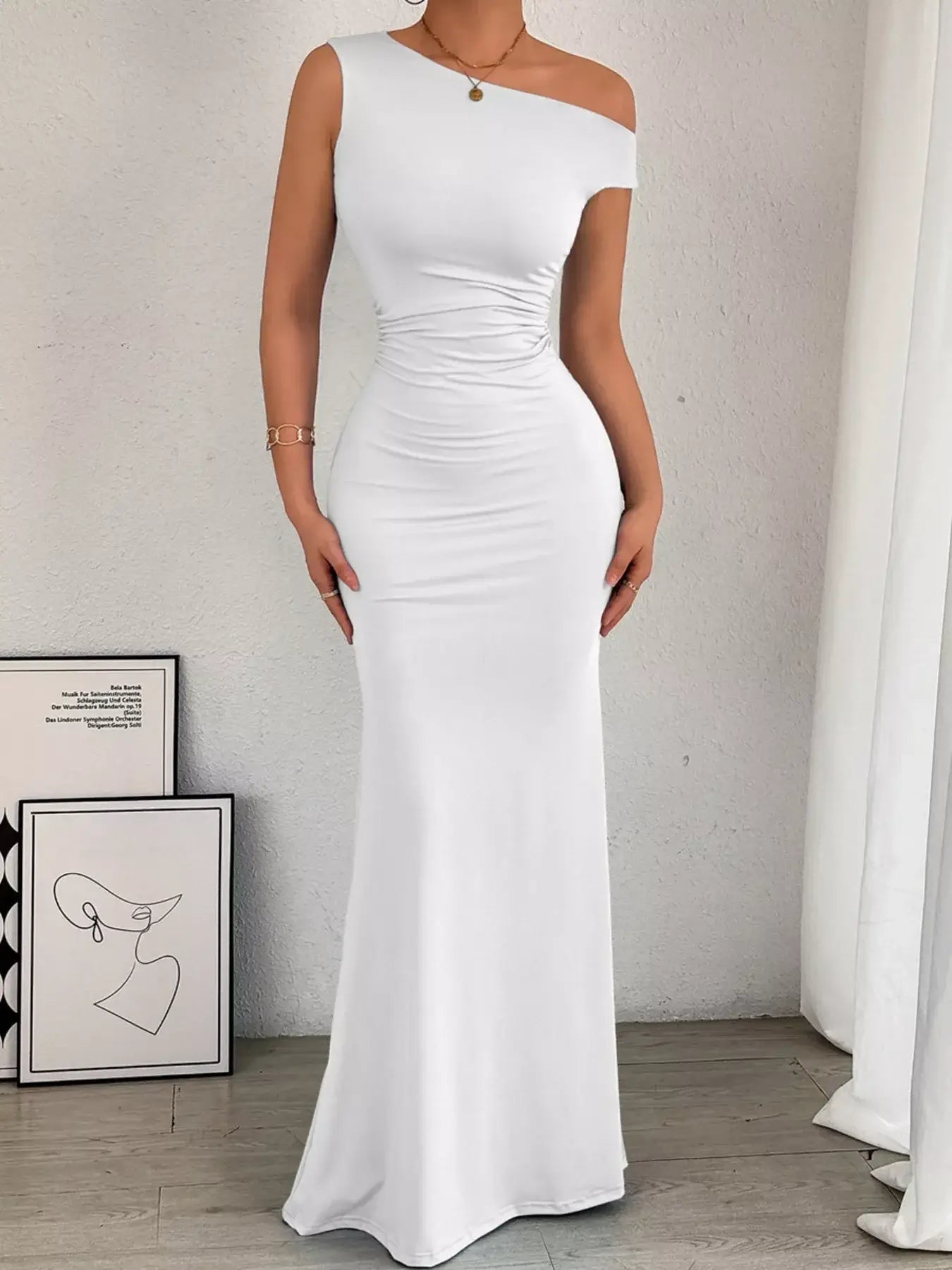One-Shoulder Ruched Bodycon Maxi Dress - Trendsi - Flyclothing LLC