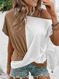 Contrast Asymmetrical Neck Short Sleeve T-Shirt - Trendsi