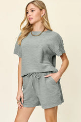 Double Take Full Size Texture Short Sleeve T-Shirt and Drawstring Shorts Set - Trendsi - Flyclothing LLC