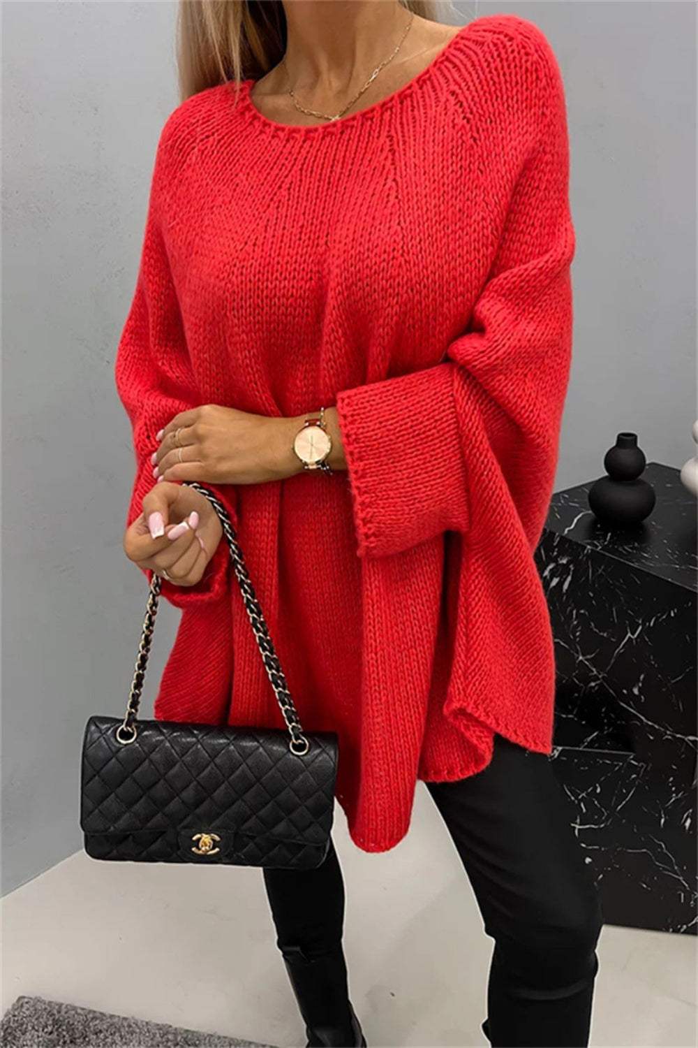 Round Neck Batwing Sleeve Sweater - Trendsi - Flyclothing LLC