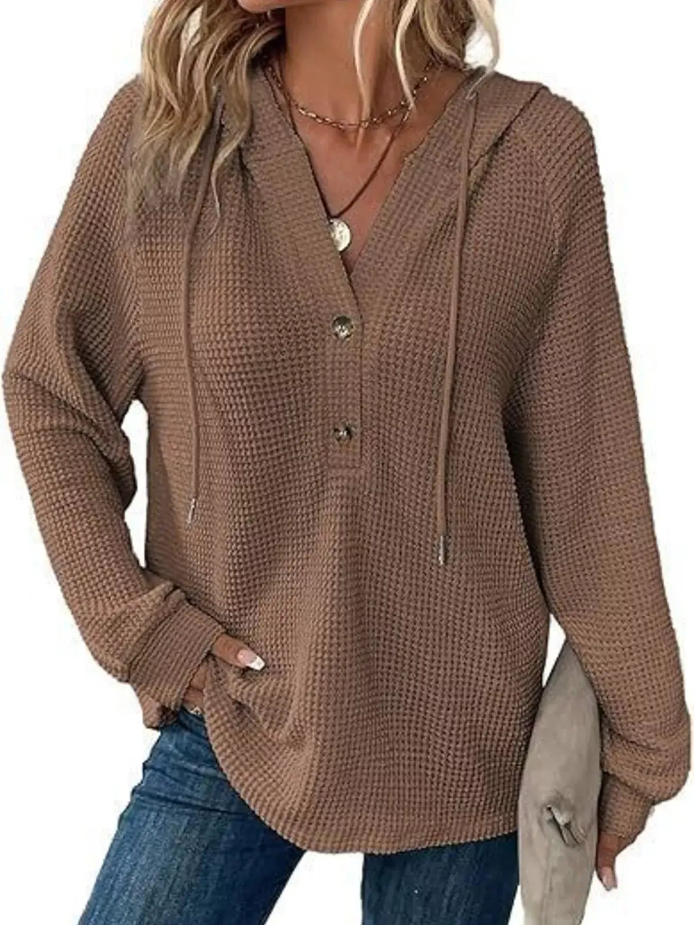 Full Size Button Detail Waffle Knit Hoodie Plus Size - Trendsi - Flyclothing LLC