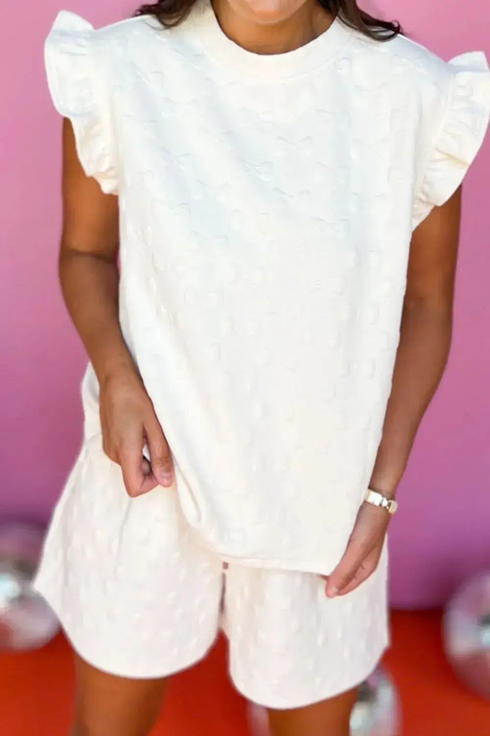 Bow Texture Round Neck Top and Shorts Set - Trendsi - Flyclothing LLC