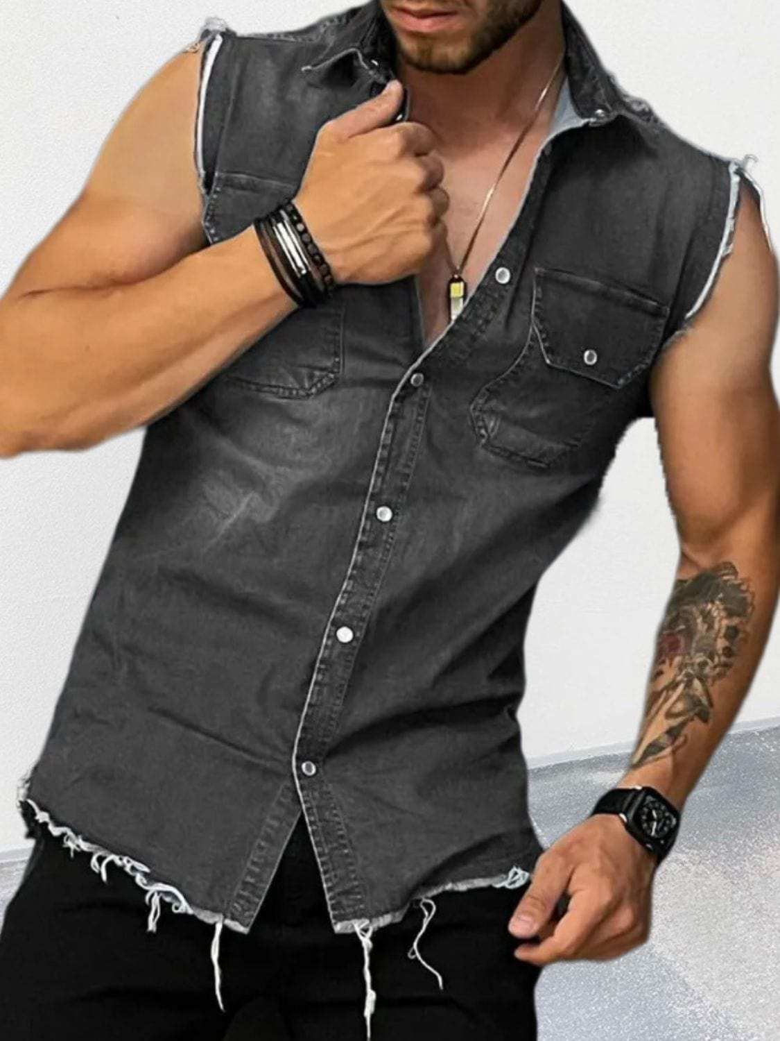 Men's Snap Down Sleeveless Denim Shirt - Trendsi - Flyclothing LLC