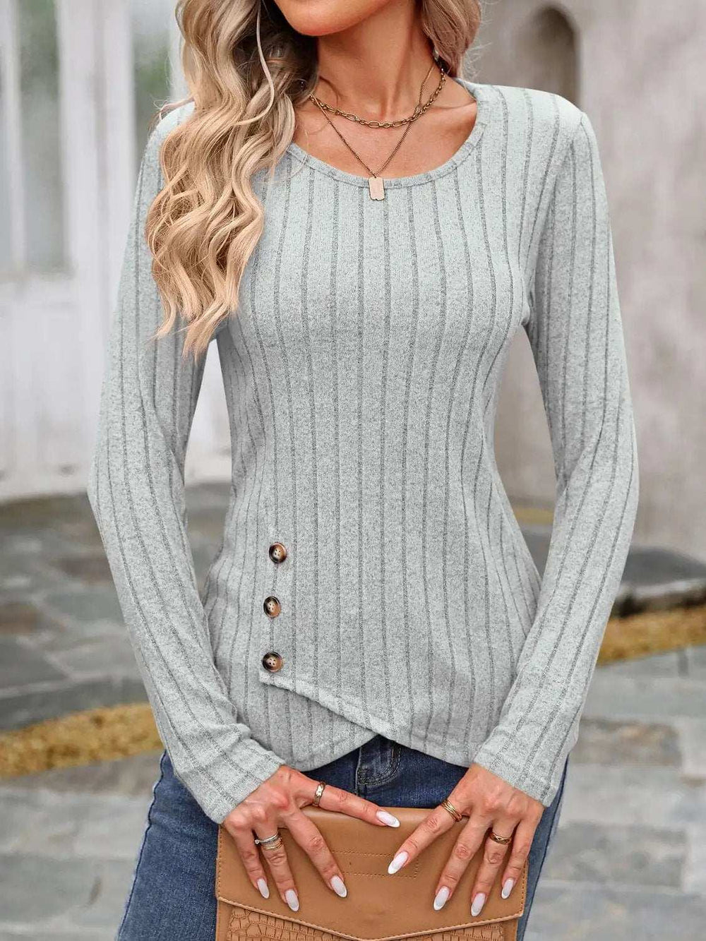 Decorative Button Round Neck Long Sleeve T-Shirt - Trendsi - Flyclothing LLC