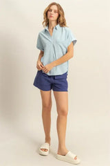 HYFVE Button Down Collared Neck Short Sleeve Shirt - Trendsi - Flyclothing LLC