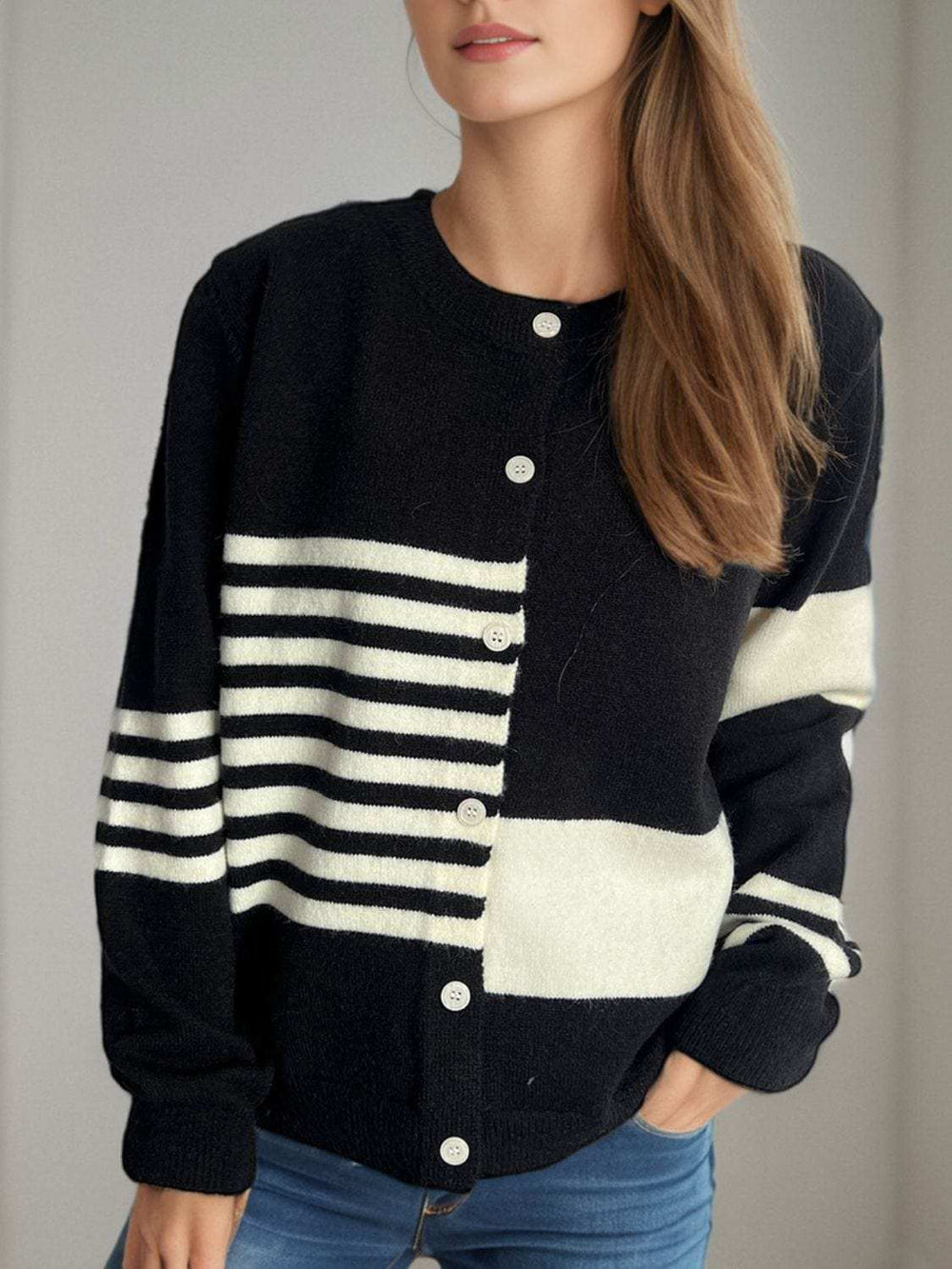Striped Color Block Round Neck Cardigan - Trendsi - Flyclothing LLC
