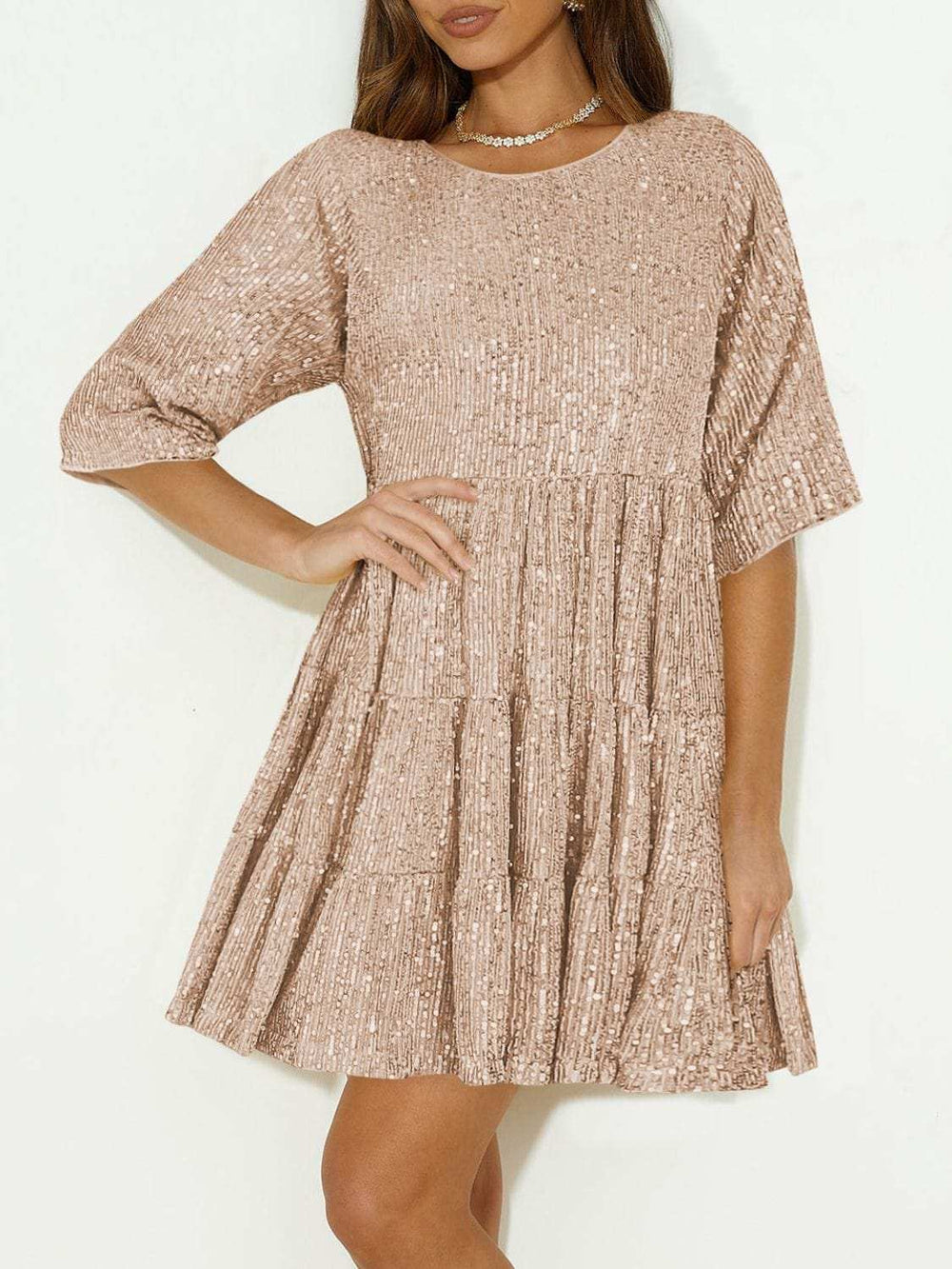 Sequin Round Neck Half Sleeve Mini Dress - Trendsi - Flyclothing LLC