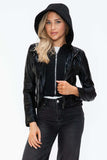Snobbish Faux Leather Zip Up Drawstring Hooded Jacket - Trendsi - Flyclothing LLC