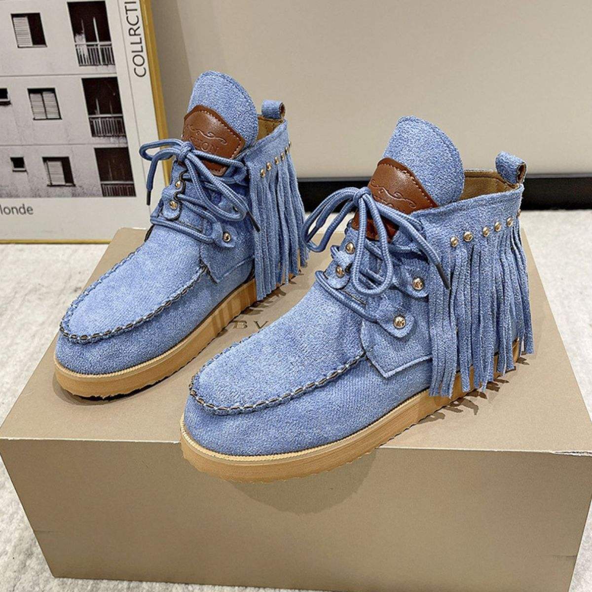 Fringe Studded Round Toe Canvas Boots - Trendsi - Flyclothing LLC