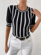 Striped Round Neck Half Sleeve Knit Top - Trendsi - Flyclothing LLC
