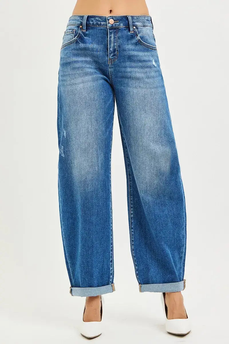 RISEN Full Size Mid Rise Barrel Double Roll Up Jeans Plus Size - Trendsi - Flyclothing LLC