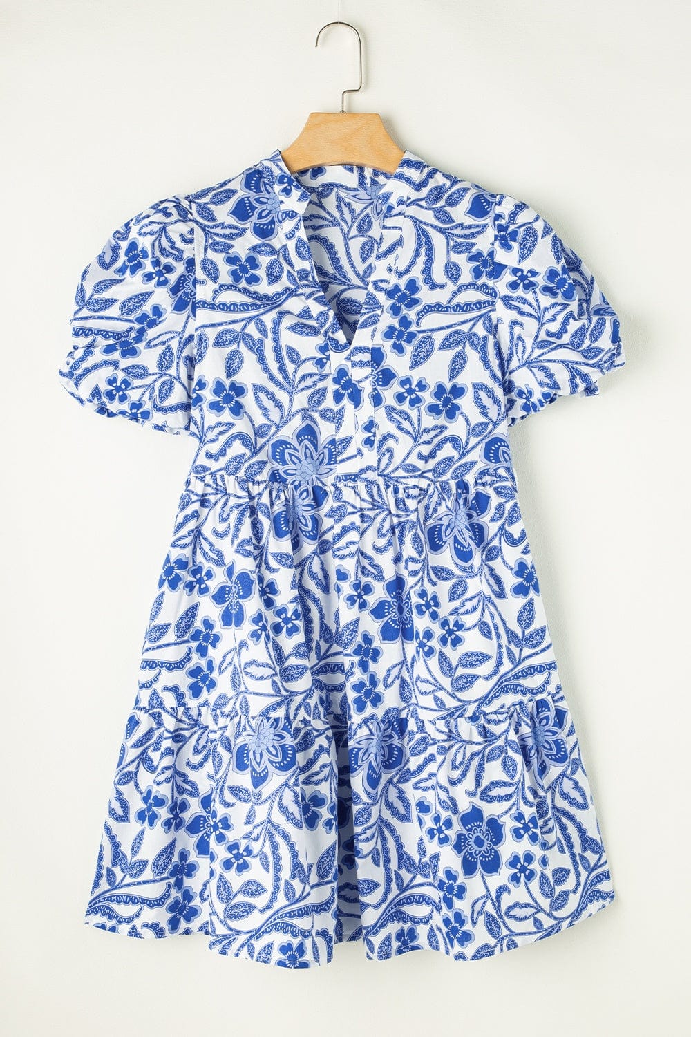 Printed Notched Puff Sleeve Dress - Trendsi