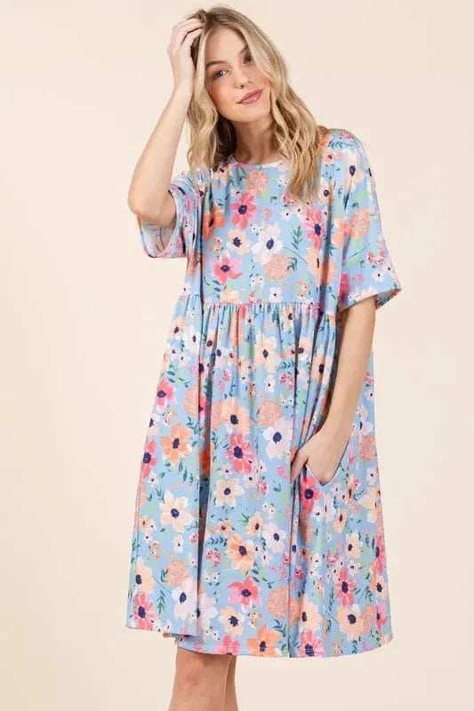 BOMBOM Floral Shirred Dress with Pockets - Trendsi - Flyclothing LLC