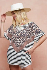 BiBi Stripe Rayon Span Knit Color Block Top With Leopard - Trendsi - Flyclothing LLC