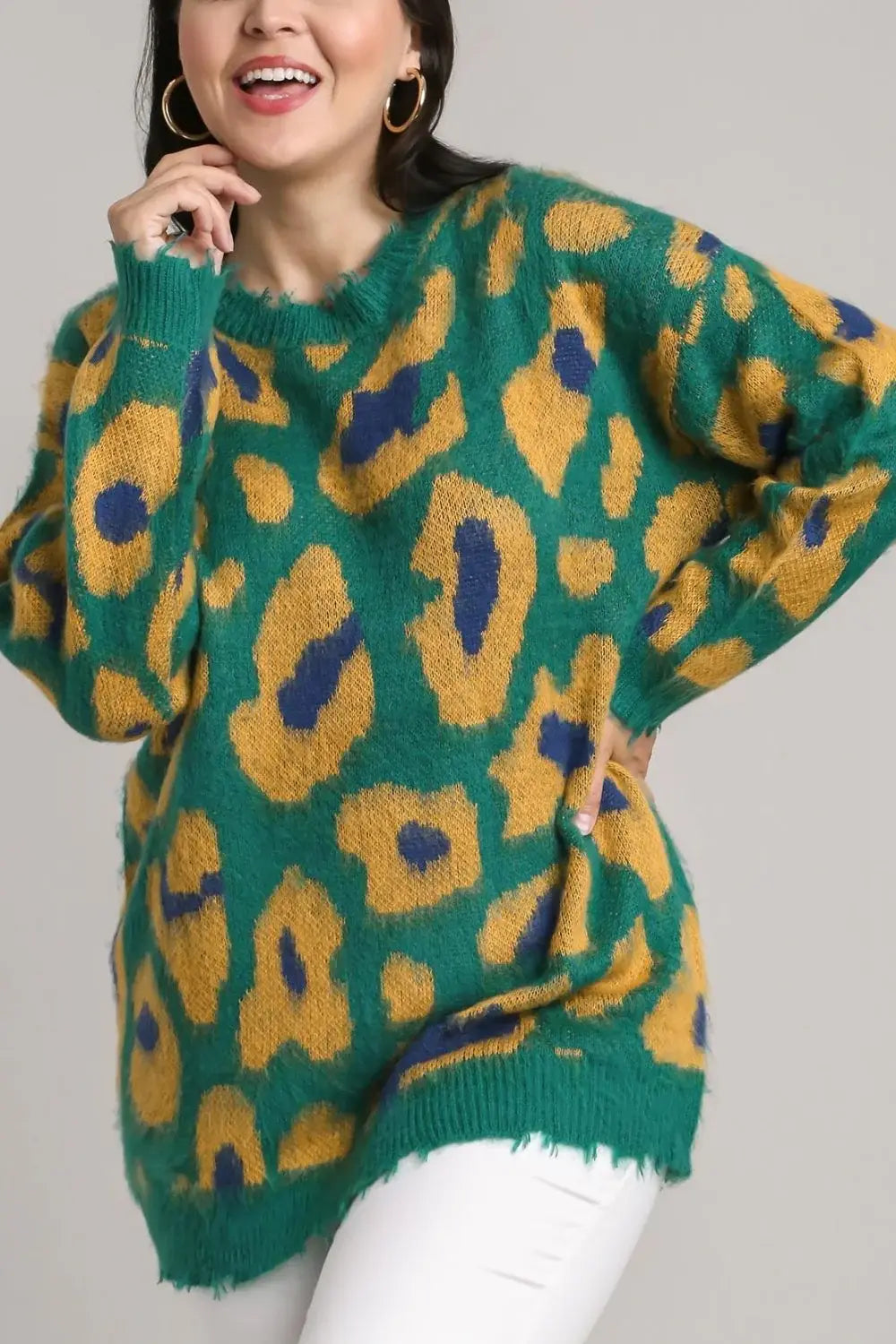 Umgee Full Size Leopard Destroyed Rib Band Sweater Plus Size - Trendsi - Flyclothing LLC