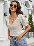 Openwork V-Neck Short Sleeve Knit Top - Trendsi