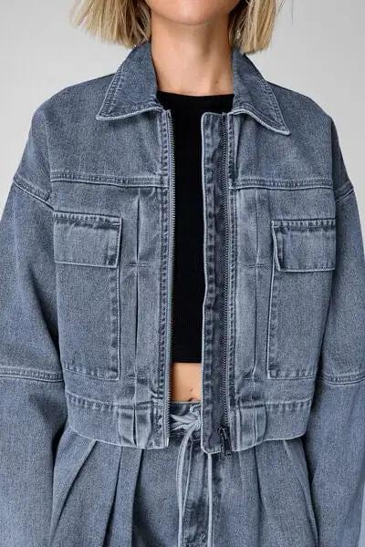 Zip Up Cropped Cargo Denim Jacket - Trendsi