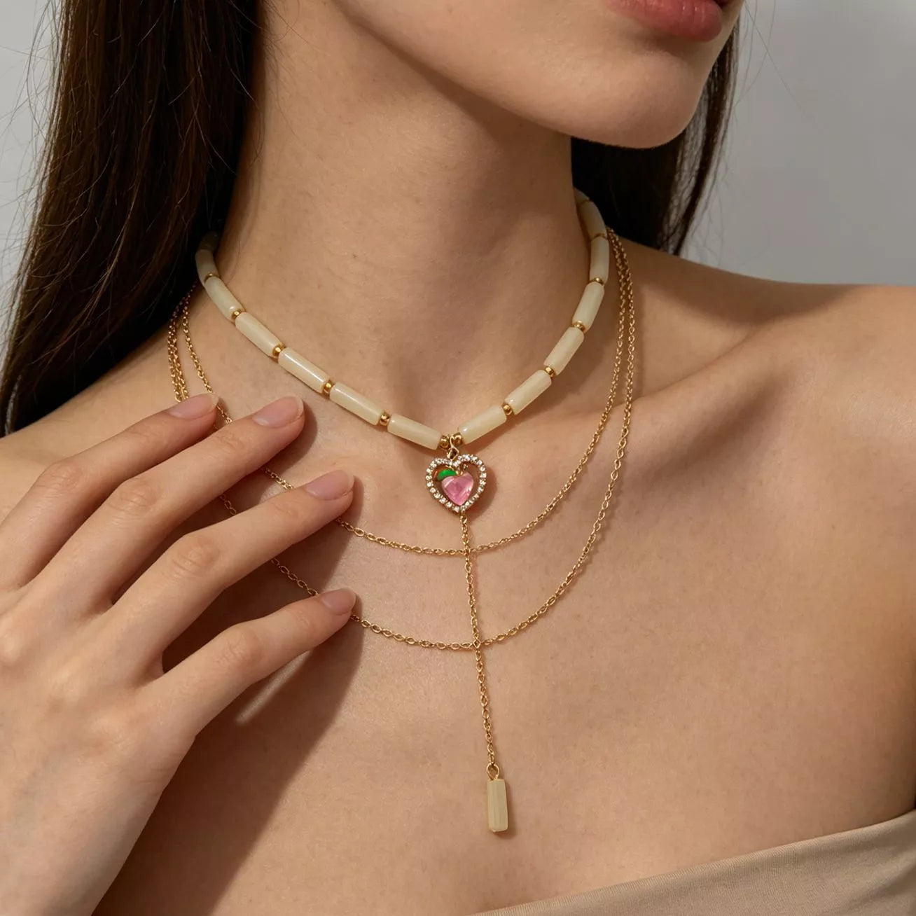 Layered Heart Pendant Necklace with Jade Beads - Trendsi - Flyclothing LLC