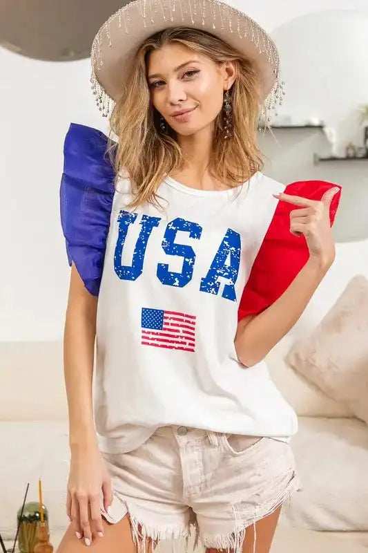 BiBi USA Theme Color Block Organza Ruffle Sleeve Top - Trendsi - Flyclothing LLC