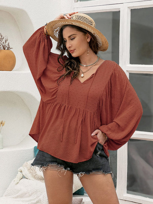 Plus Size Swiss Dot Tie Neck Long Sleeve Blouse - Trendsi
