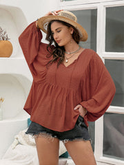 Plus Size Swiss Dot Tie Neck Long Sleeve Blouse - Trendsi