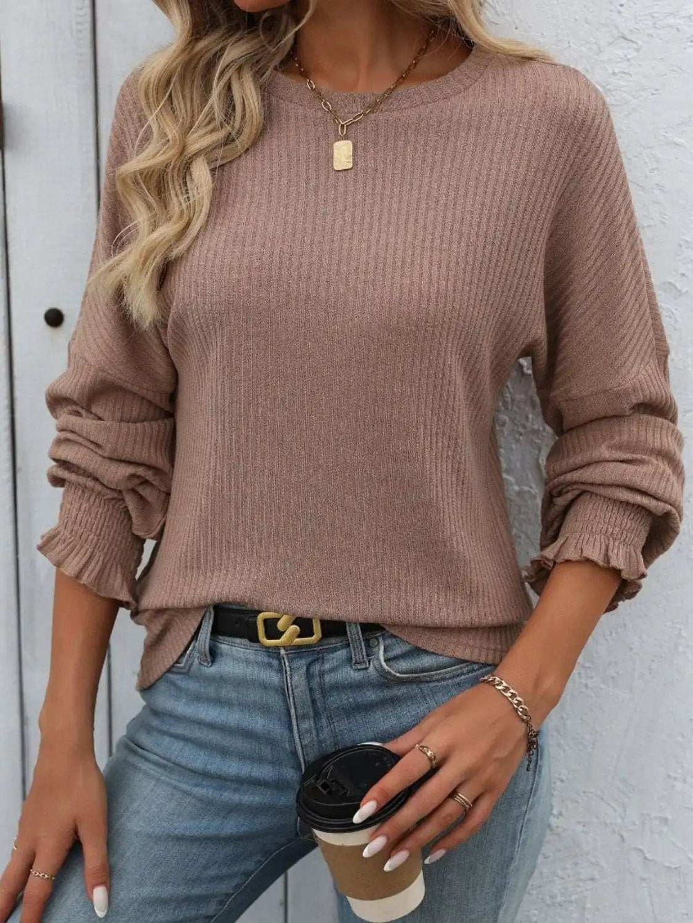 Ribbed Round Neck Long Sleeve T-Shirt - Trendsi - Flyclothing LLC